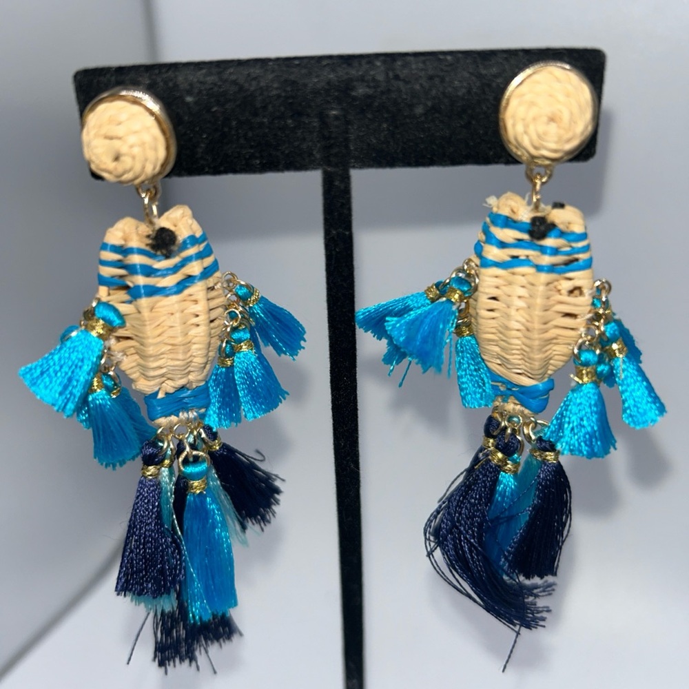 Lilly Pulitzer Blue Fishy Kiss  Post Earrings Woven Raffia Silk Tassels Signed